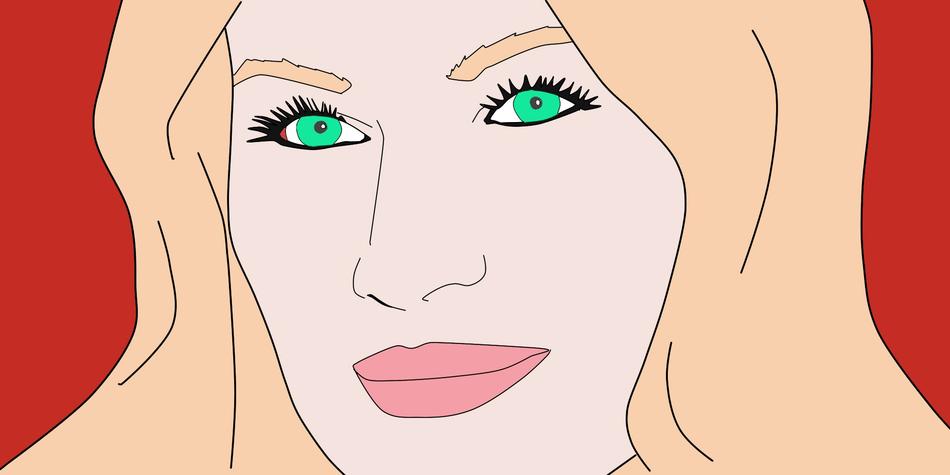woman with pink hair and green eyes