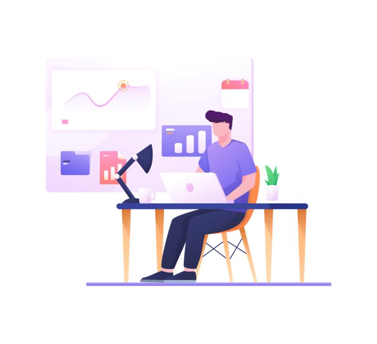 Colorful clipart with the developer, working with the laptop, at the table