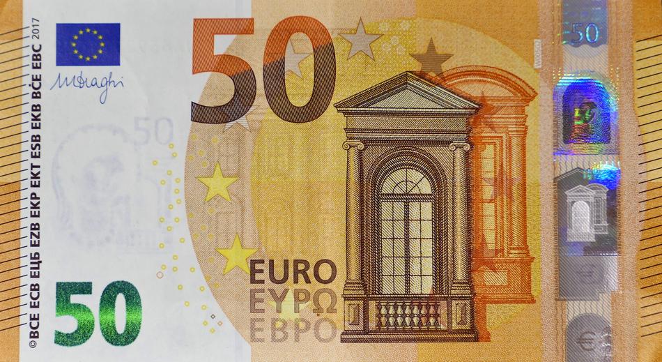 Colorful '50' euro banknote, with the writing and architecture