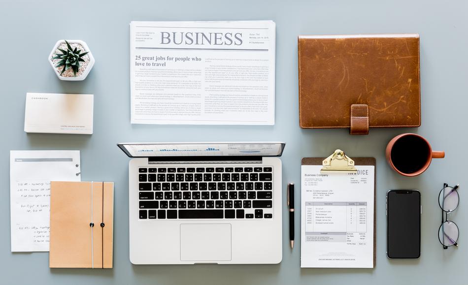 Stuff and devices for paperwork, on the gray surface