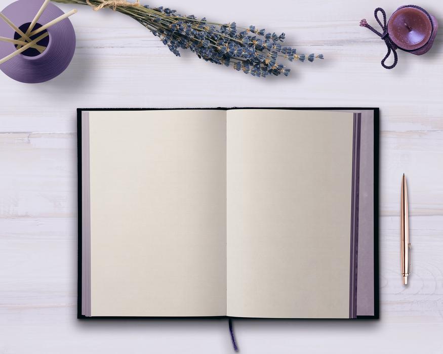 diary on the table with lavender