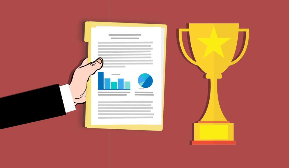 Businessman with the charts and award, clipart