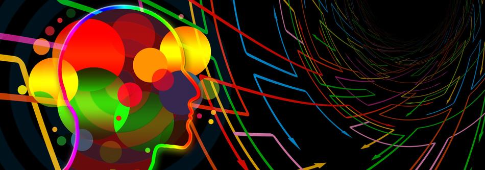 banner with head silhouette and colored shapes