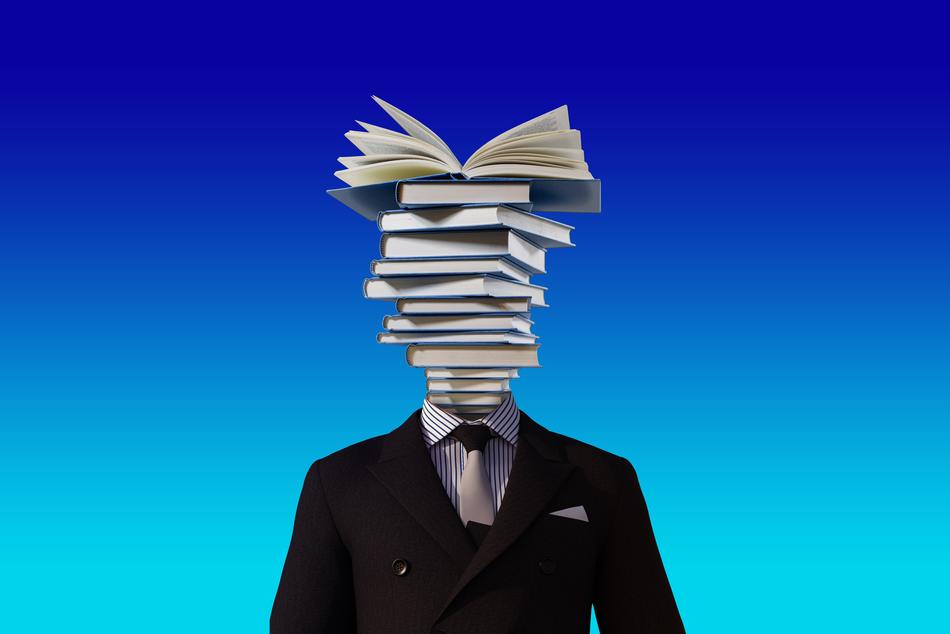 stack of Books instead of head of male person, digital art