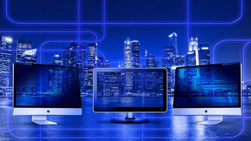 Monitors among the network, near the Singapore city, in blue colors, clipart