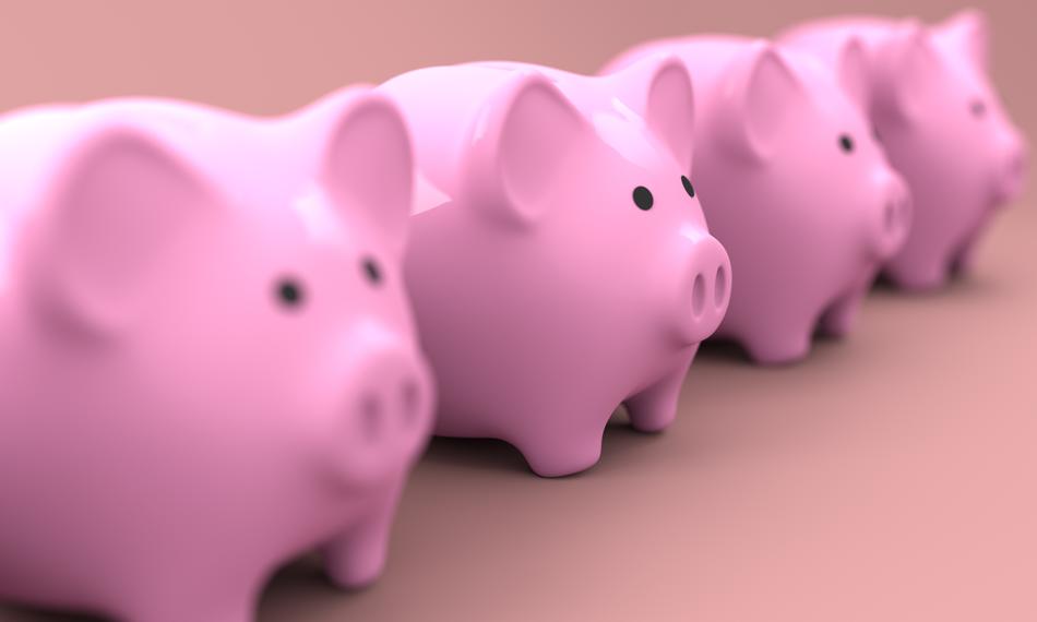 four pink piggy banks close up on blurred background