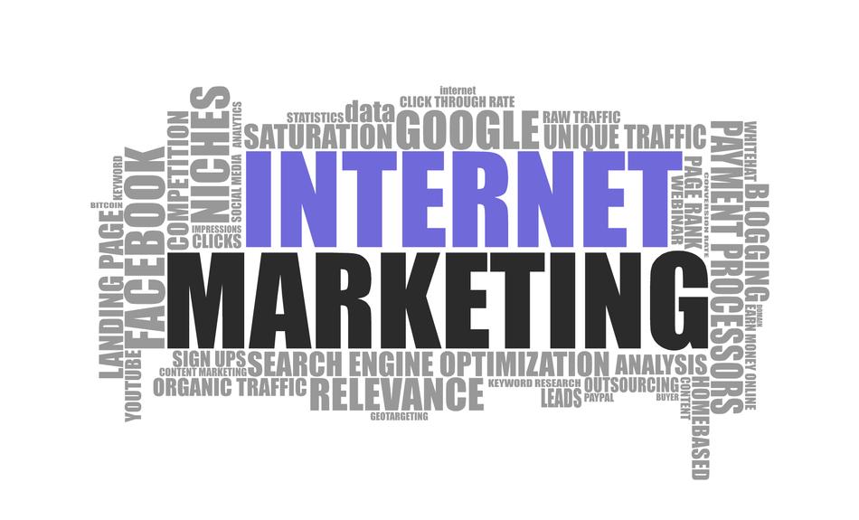 Clipart of 'Internet Marketing' and words relating to it at white background