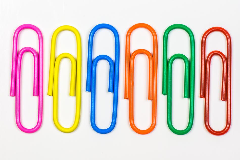 photo of six multi-colored paper clips