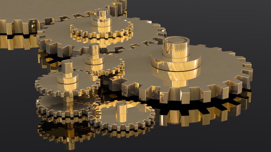 Models of the shiny, gold gears, together, with the reflections, clipart