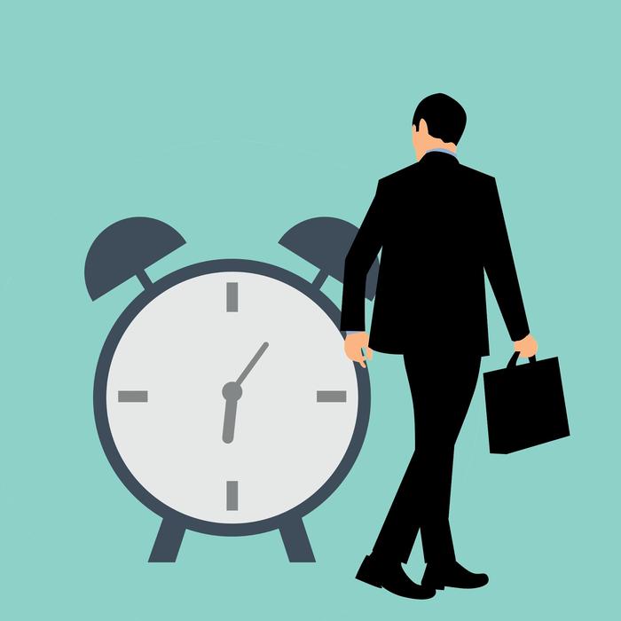 Man in suit, with the briefcase, near the clock, at turquoise background, clipart
