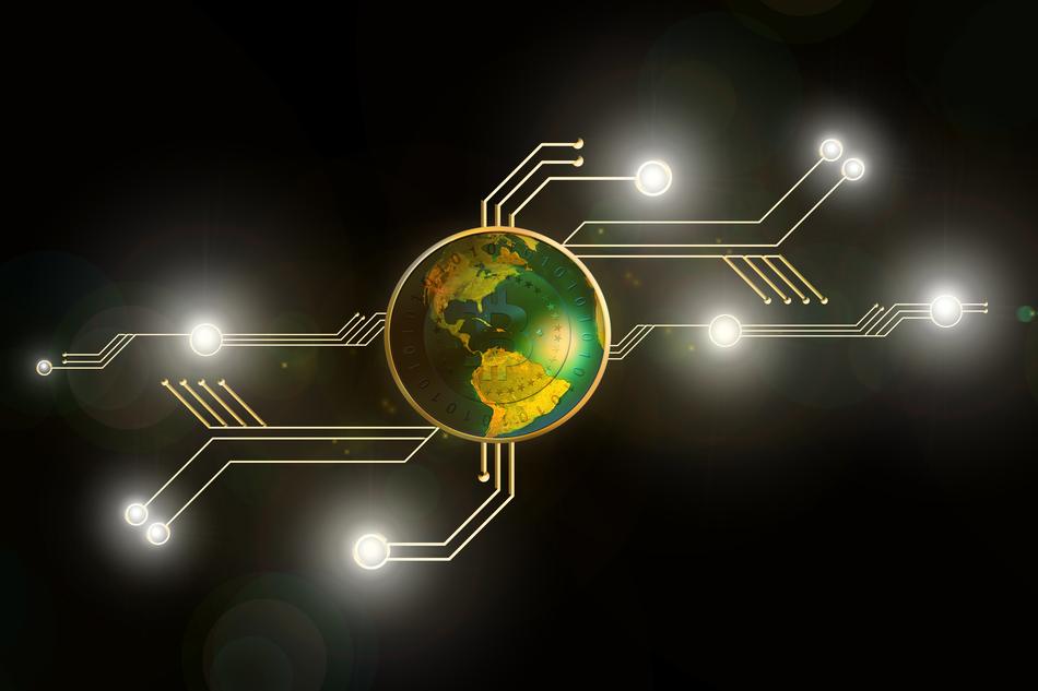 bitcoin symbol on globe in electronic plate, collage