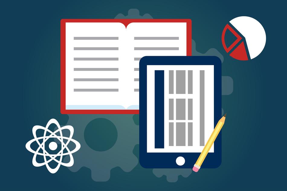 Colorful signs of the online education, at background with gears, clipart