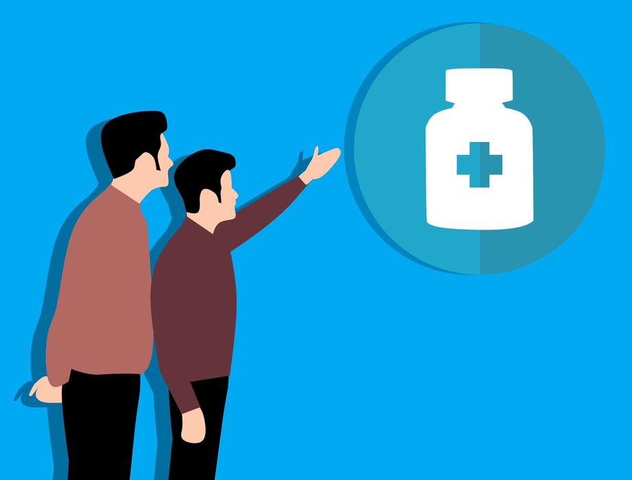 two man at pill icon, pharmacy, drawing