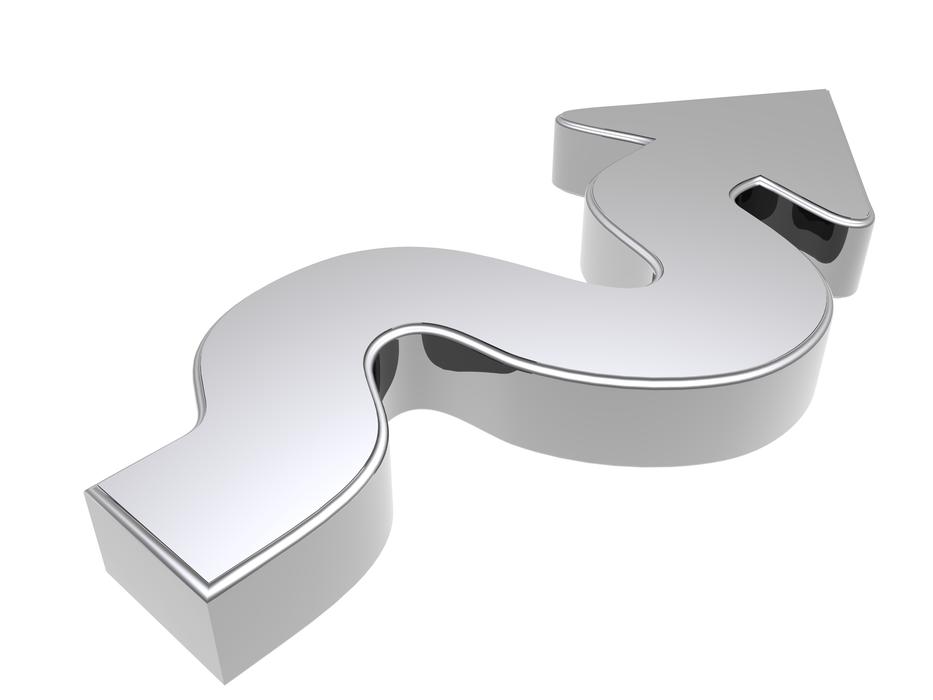 3d model of a silver, wavy arrow, at white background, on clipart