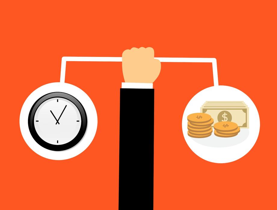 weighing time and money, hand, orange background