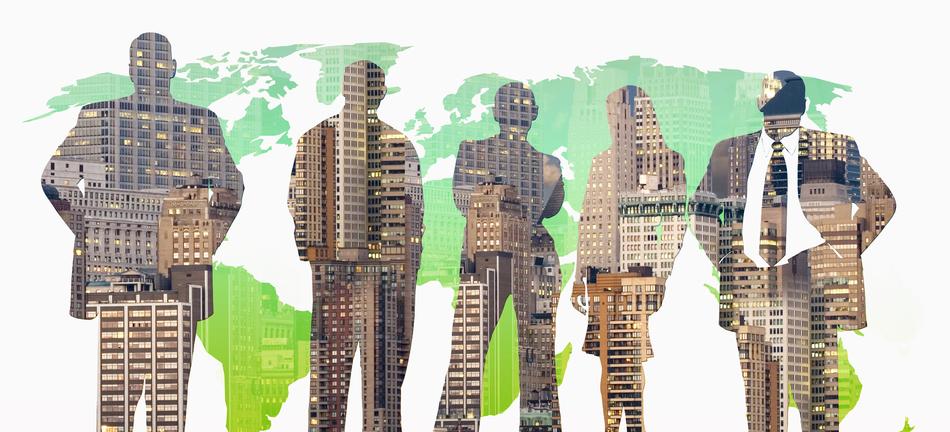 Team silhouettes with the colorful city, at background with green Earth map of different shades, on clipart