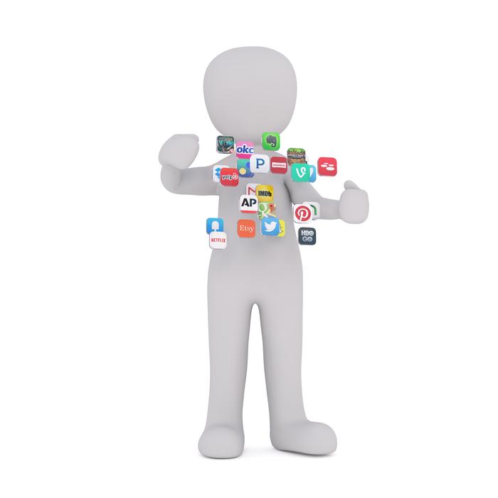 media icons in front of abstract figure, render