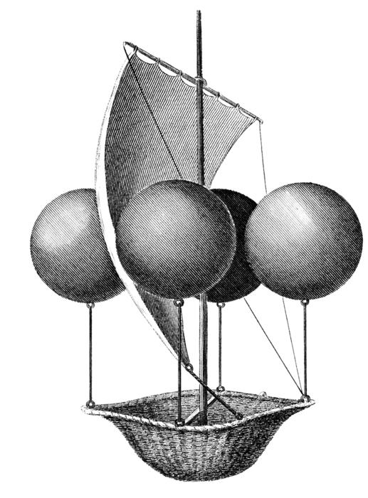 hot air balloon on the black and white old retro drawing