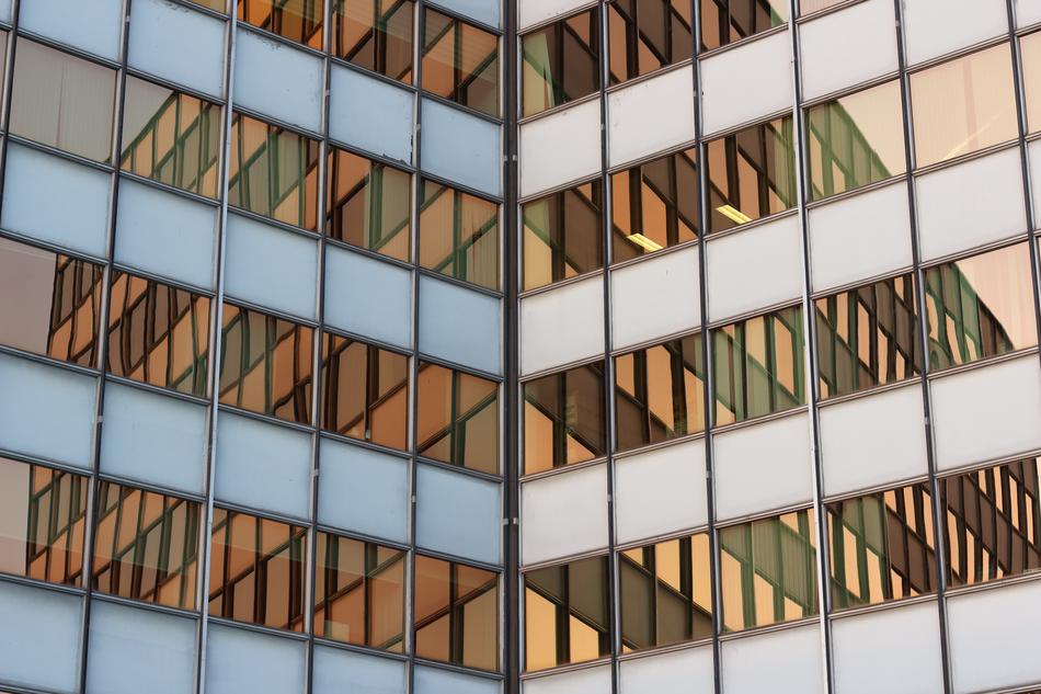 Glass windows on a wall of office building