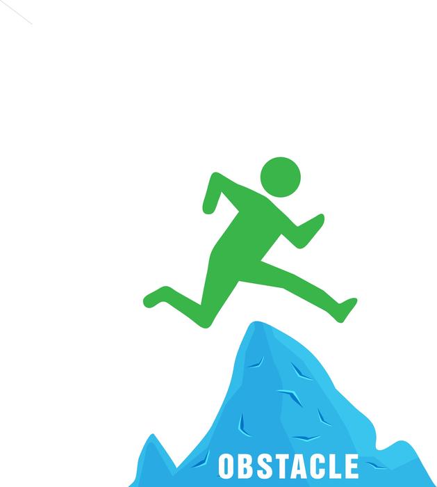 Green figure jumping over the obstacle on white background