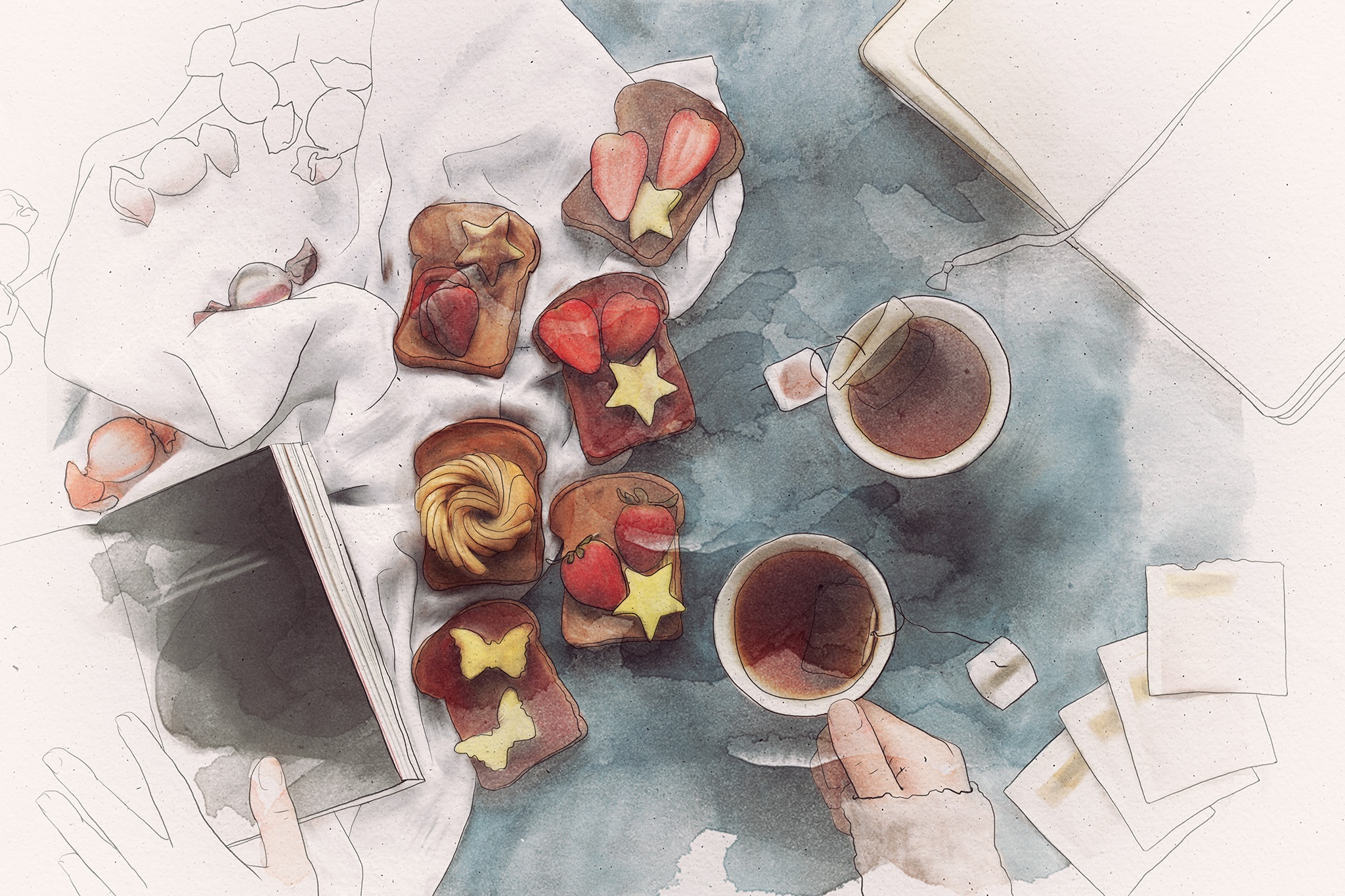 Tea toast. Ланч акварель. Нарисованный человечек акварелью за завтраком. Завтрак ноутбук на двоих акварель. Завтрак в акварельном стиле разбитого стекла