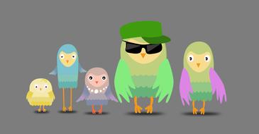 cartoon bird family on gray background