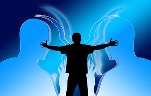 Black silhouette of a person, among the blue and white silhouettes of the people, on clipart