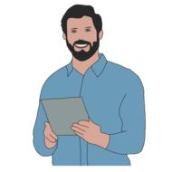 drawn businessman with a beard holding a tablet