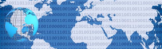 binary code against the background of continents and the globe