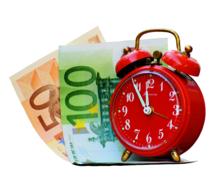 Colorful money banknotes and red and white clock