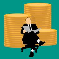 Sitting businessman, near the stacks of coins, at green background, clipart