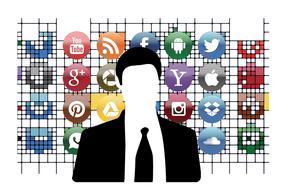 Silhouette of the businessman and colorful Social Media icons on white background clipart