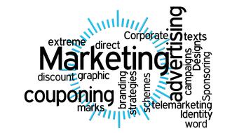 Black "Marketing Strategies" signs, at background with the blue circle with lines, clipart