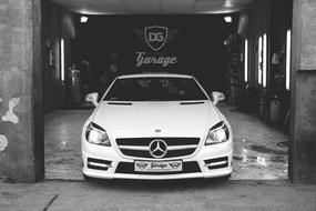 black and white photo of a Mercedes car