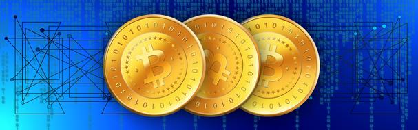 Shiny, gold coins, with the "Bitcoin" signs, at blue background with the network, clipart