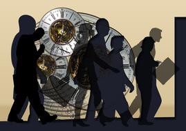 Silhouettes of the people, with the suitcases, going to the business meeting, at background with the clock, clipart