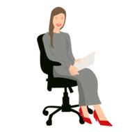 woman with paper sits on office chair, drawing on white background