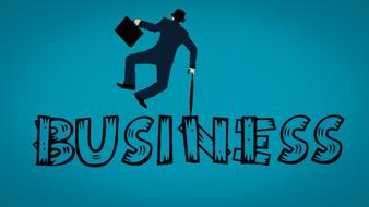 Back view of the man in suit and hat, with the suitcase and umbrella, and black "Business" sign, at blue background, clipart