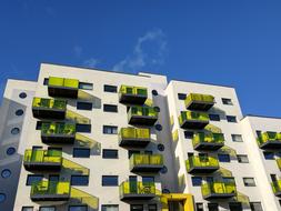 Building with yellow balconies at Sky, uk,england,london