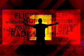 silhouette of a man with open arms on the background of the internet community