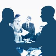 businessmen shaking hands in office, collage