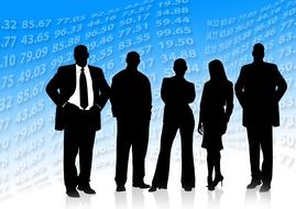 business people silhouettes at blue background with numbers