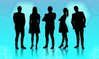drawn five silhouettes of businessmen on a blue background