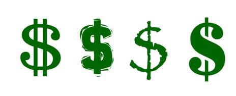 drawn four green dollar symbols on white background
