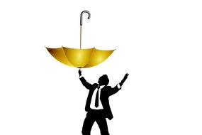 drawn businessman holds a golden umbrella