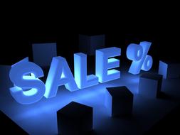 sale %, blue lighting word at darkness