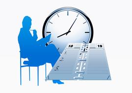 Blue silhouette, of the person, sitting on the calendar and clock, clipart