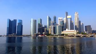 Skyline of city, view from river, Singapore