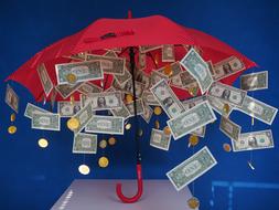 money rain and red umbrella