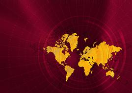 painted yellow continents on a burgundy background